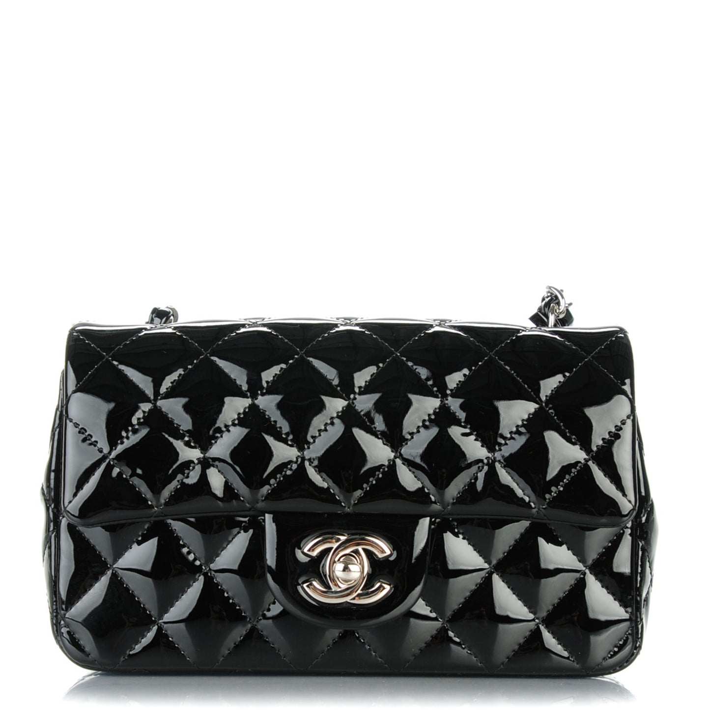 Patent Calfskin Quilted Mini Rectangular Flap Black