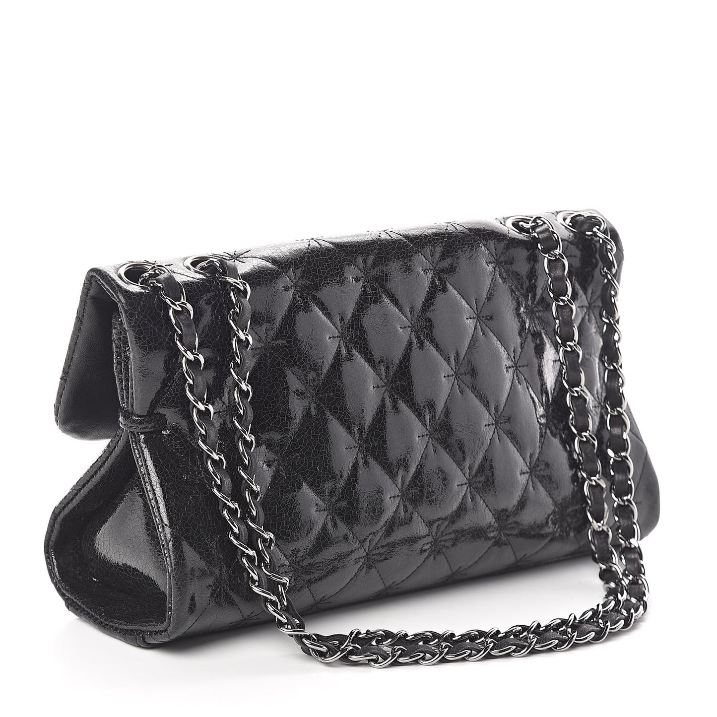 Glazed Crackled Calfskin Quilted Mademoiselle Flap Black
