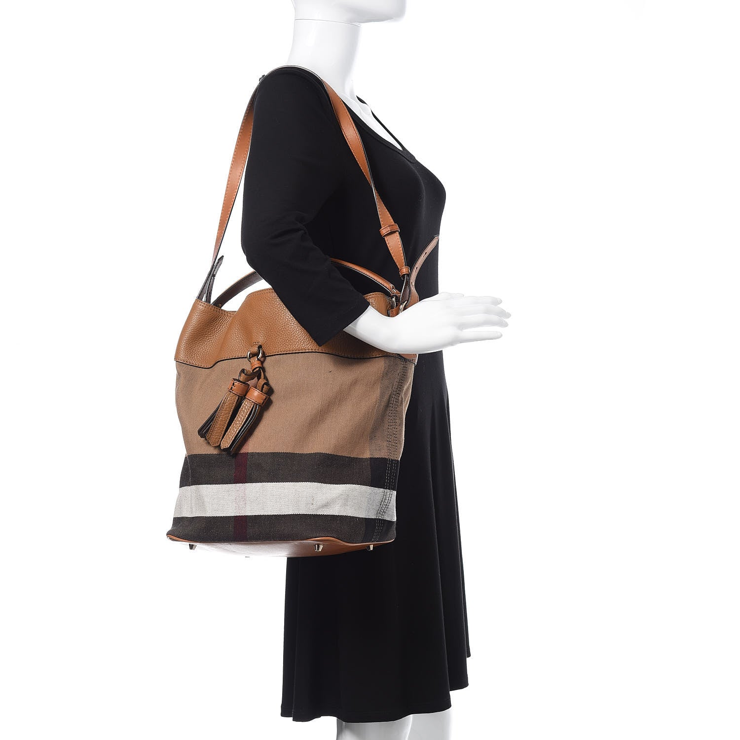 Burberry Grainy Calfskin Canvas Mega Check Medium Ashby Tassel Hobo Saddle Brown 2 of 12