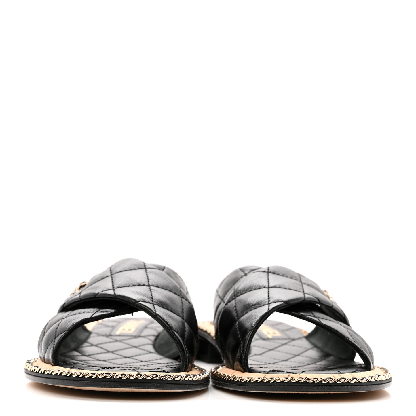 Shiny Lambskin Quilted Chain CC Sandals 40 Black