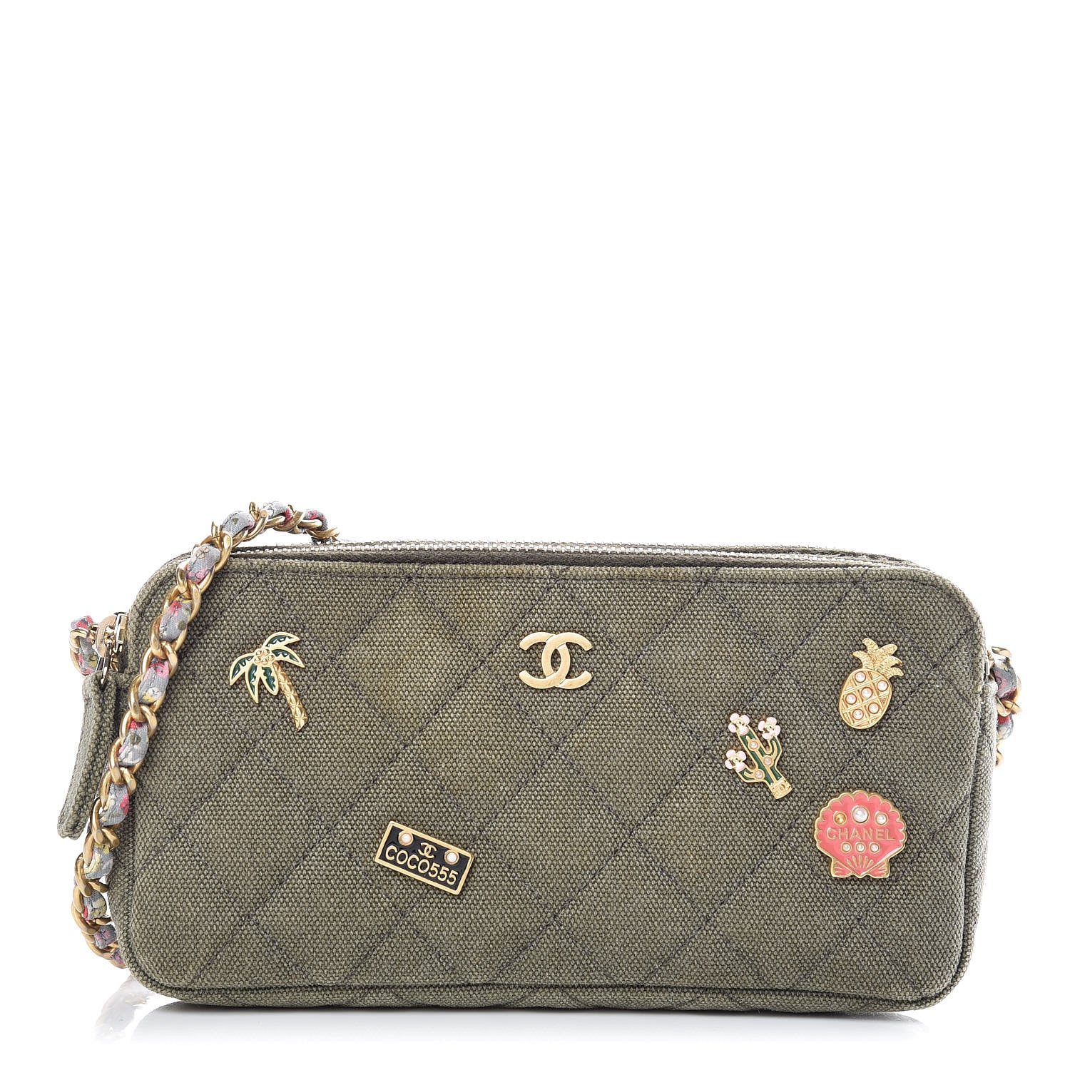 Chanel Canvas Quilted Coco Cuba Small Clutch With Chain Khaki 1 of 12