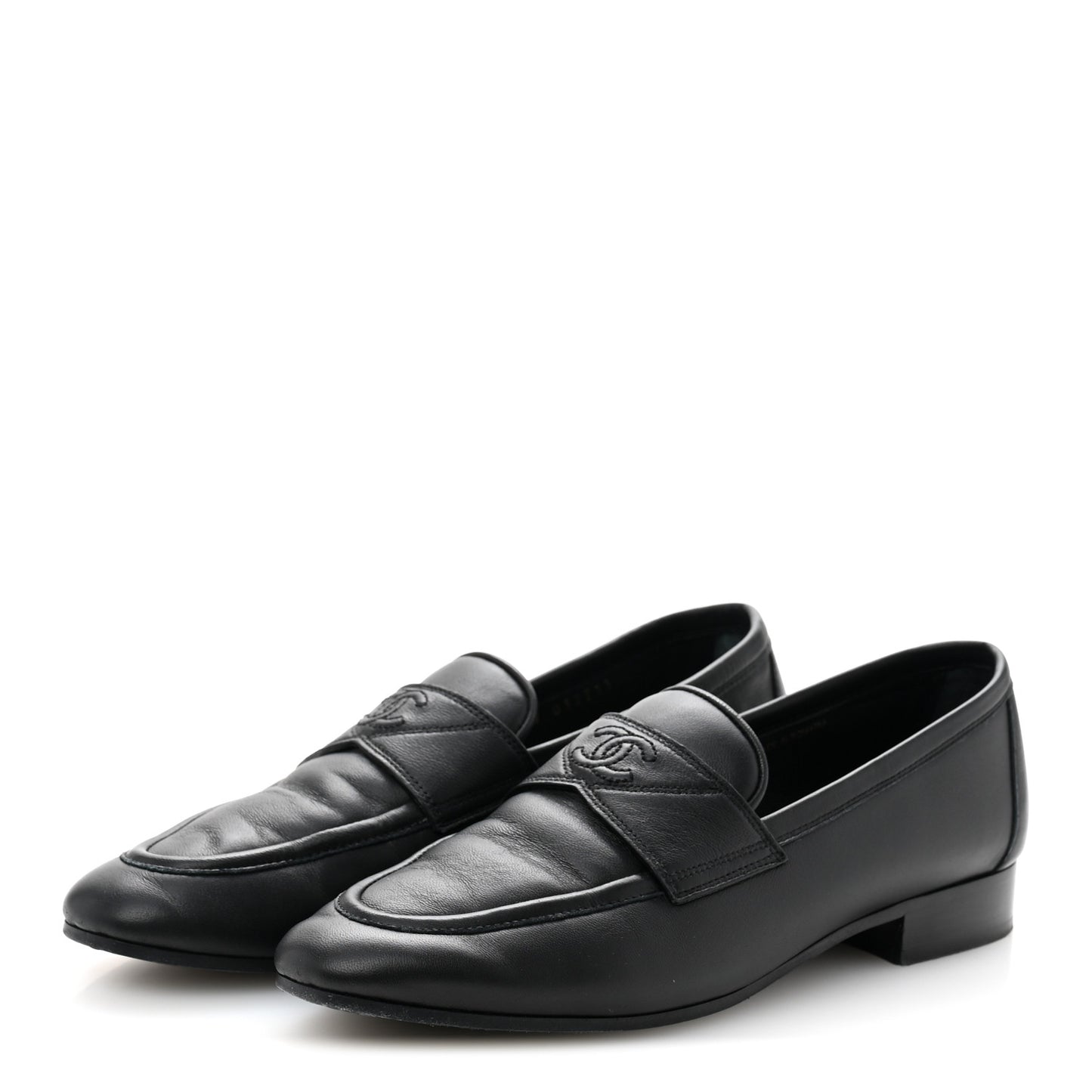 Calfskin Womens Stitched CC Loafers 37 Black