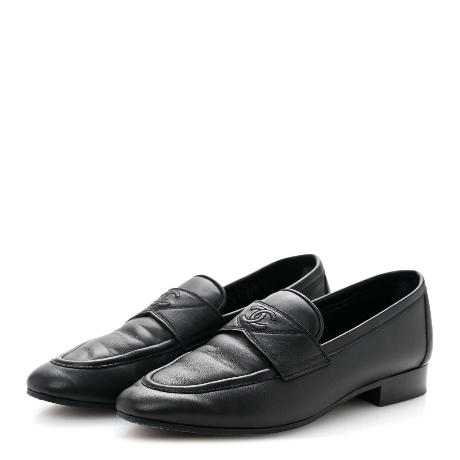 Chanel Calfskin Womens Stitched CC Loafers 37 Black 4 of 10