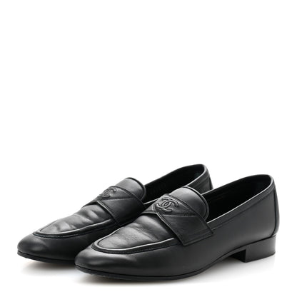 Chanel Calfskin Womens Stitched CC Loafers 37 Black 4 of 10