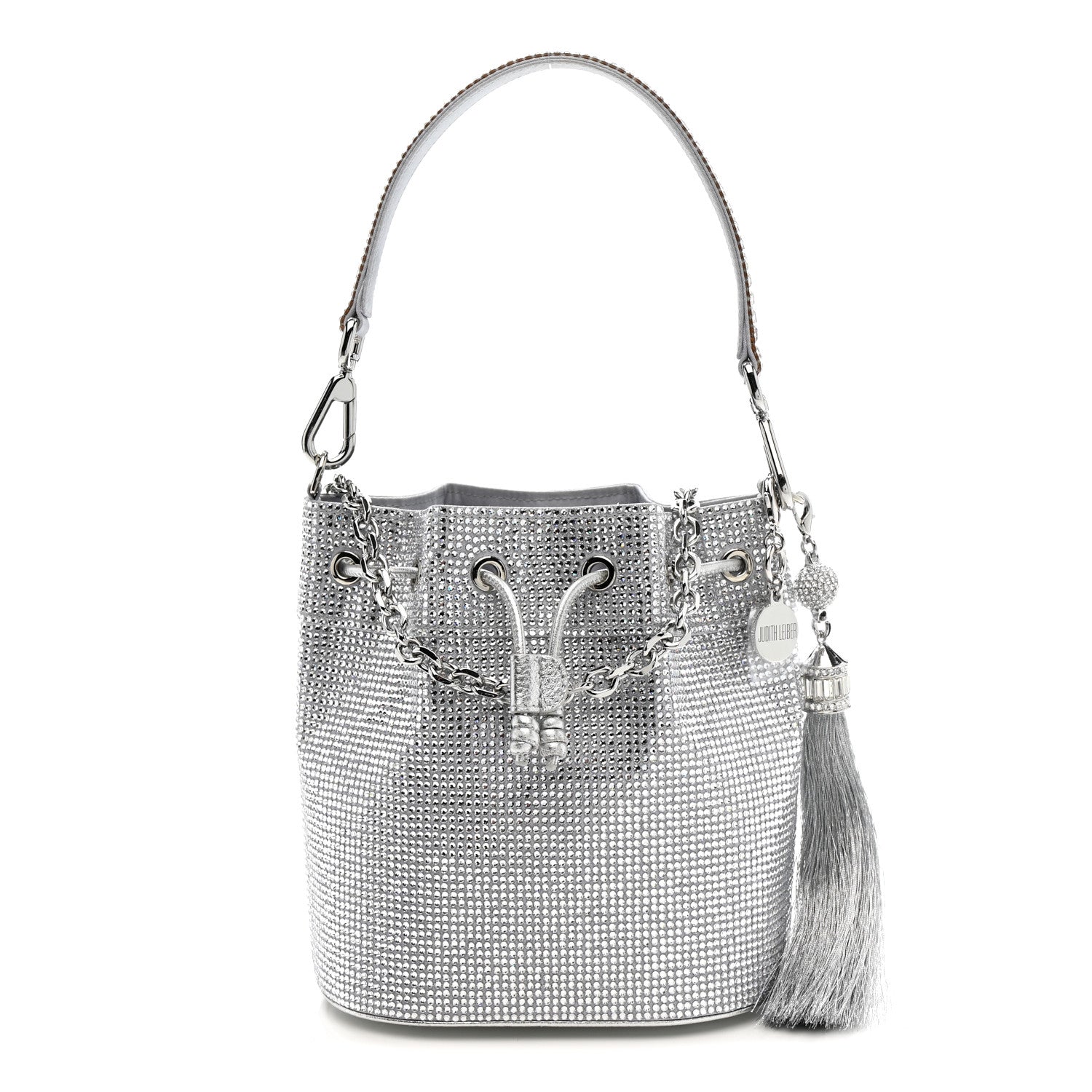Judith Leiber Satin Crystal Embellished Medium Piper Bucket  Silver Rhine 1 of 9