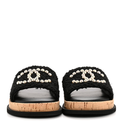 Chanel Fabric Pearl Cork CC Slip On Sandals 38 Black 3 of 10