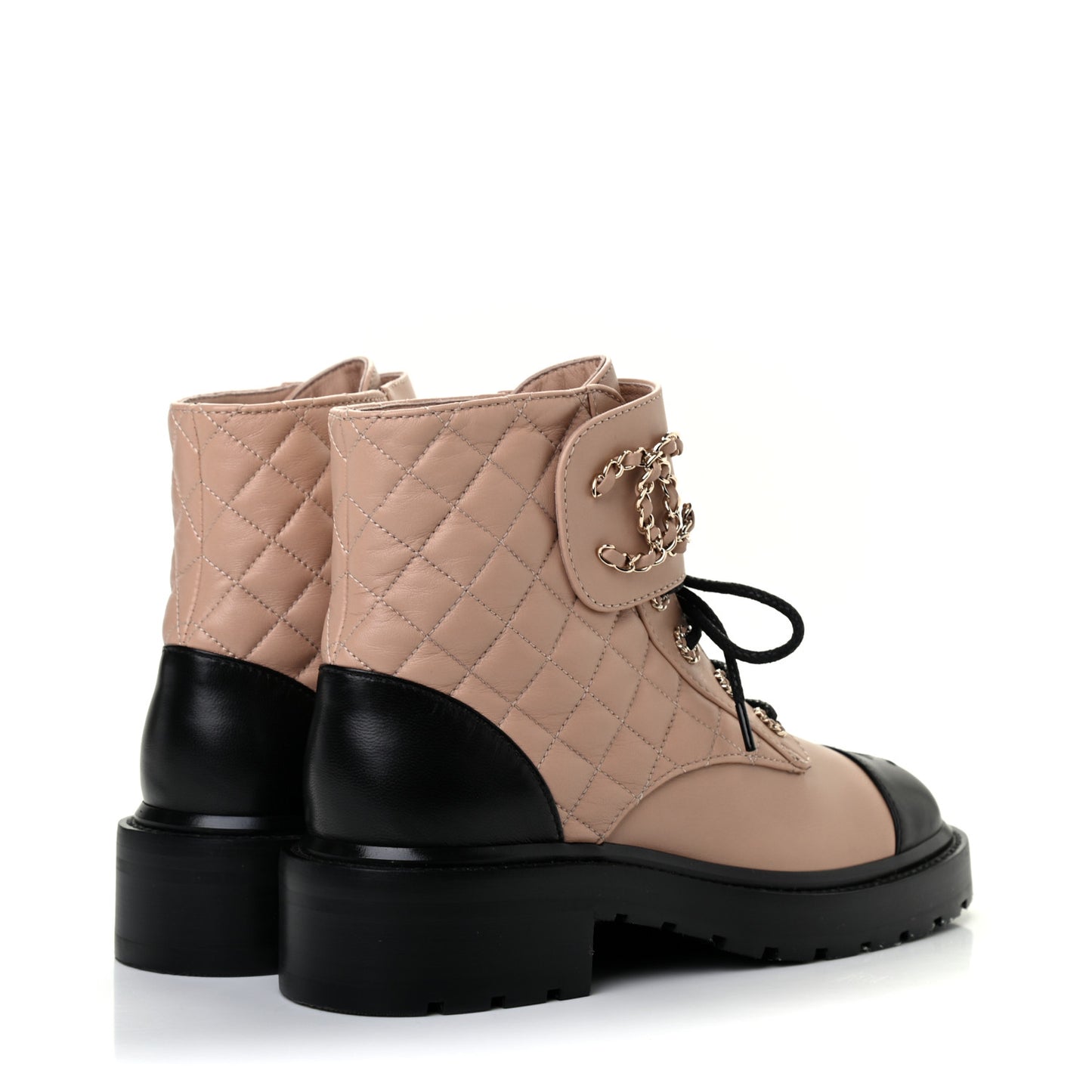 Shiny Lambskin Quilted Lace Up Combat Boots 37.5 Beige Black