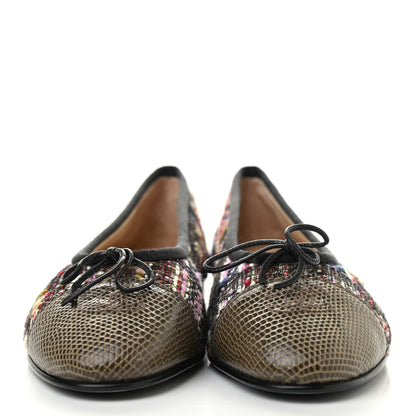 Chanel Tweed Lizard CC Cap Toe Ballerina Flats 38 Multicolor Khaki 2 of 9