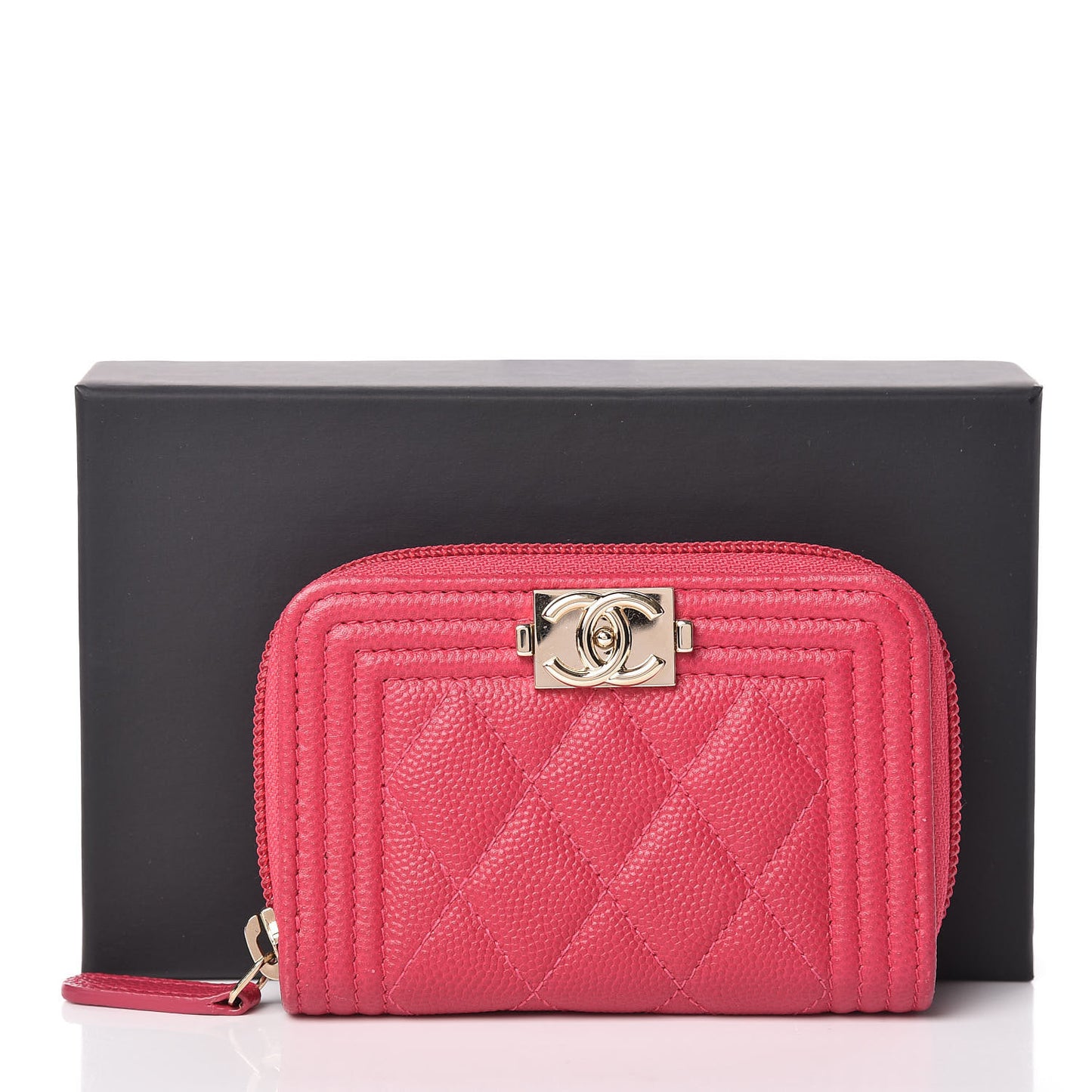 Caviar Quilted Boy Zip Around Coin Purse Wallet Fuchsia