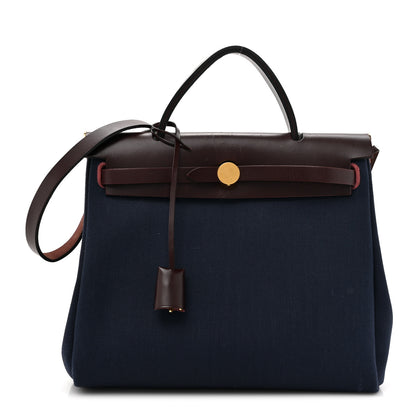 Hermes Toile Militaire Vache Hunter Herbag Zip Retourne 31 PM Rouge Sellier Bleu Marine 1 of 17