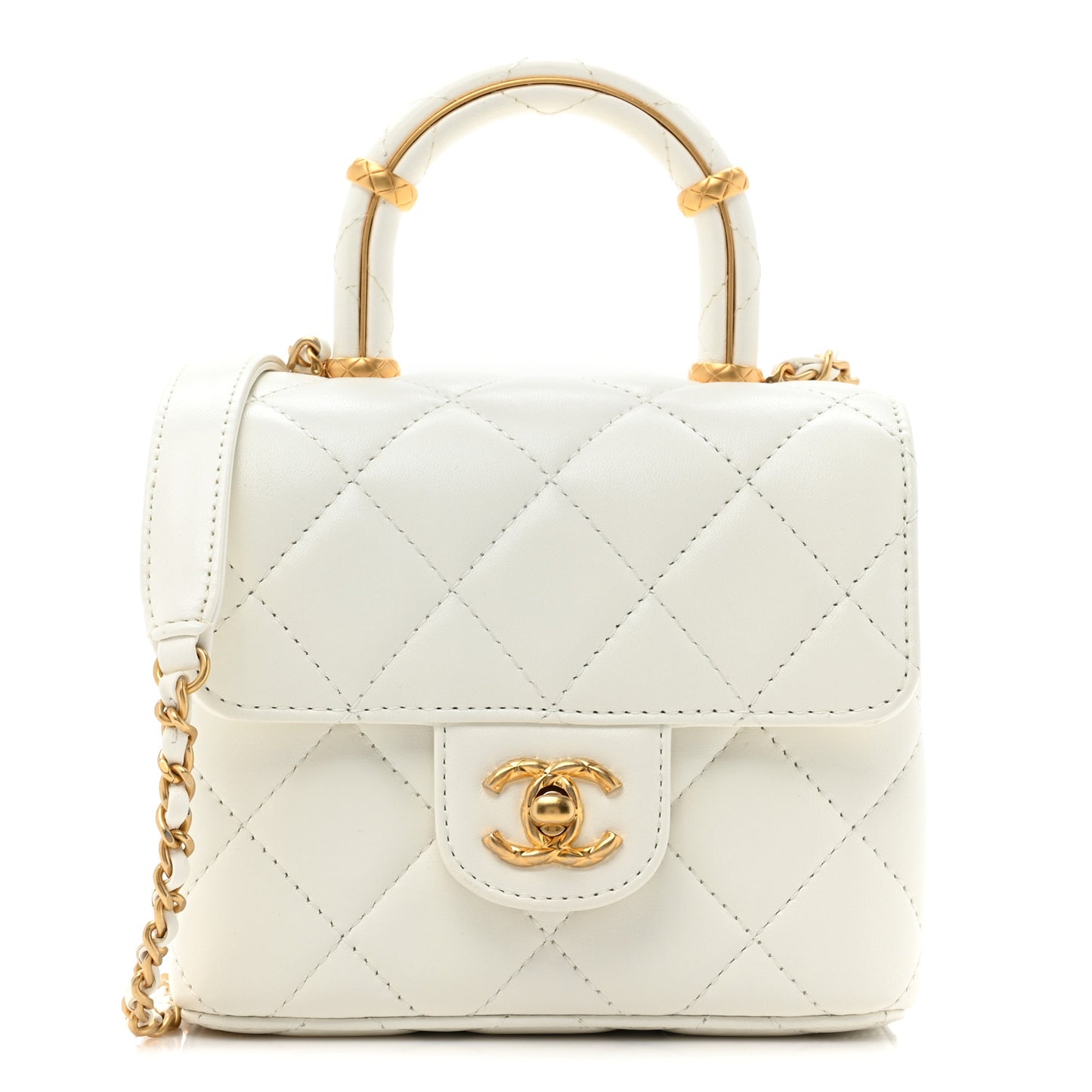 Lambskin Handle Crush Top Handle Flap Bag White