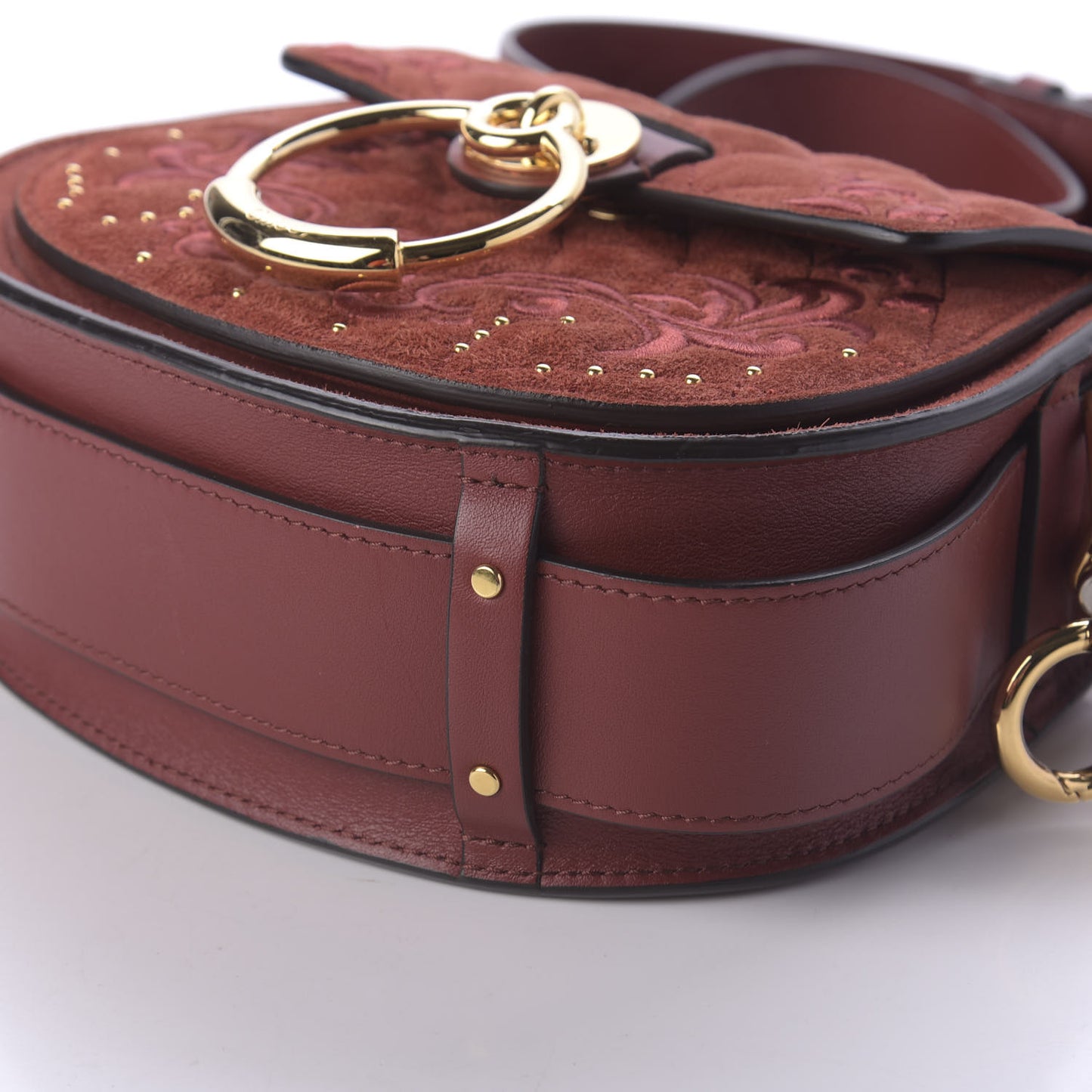 Suede Calfskin Quilted Embroidered Small Tess Saddle Bag Reddish Brown
