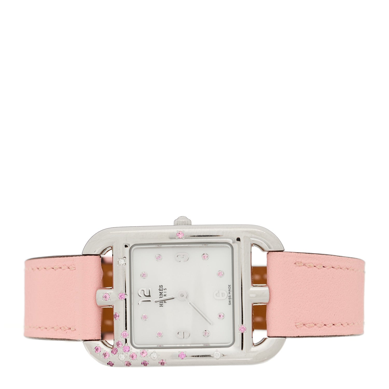 Hermes Stainless Steel Swift Diamond Pink Sapphire Mother of Pearl