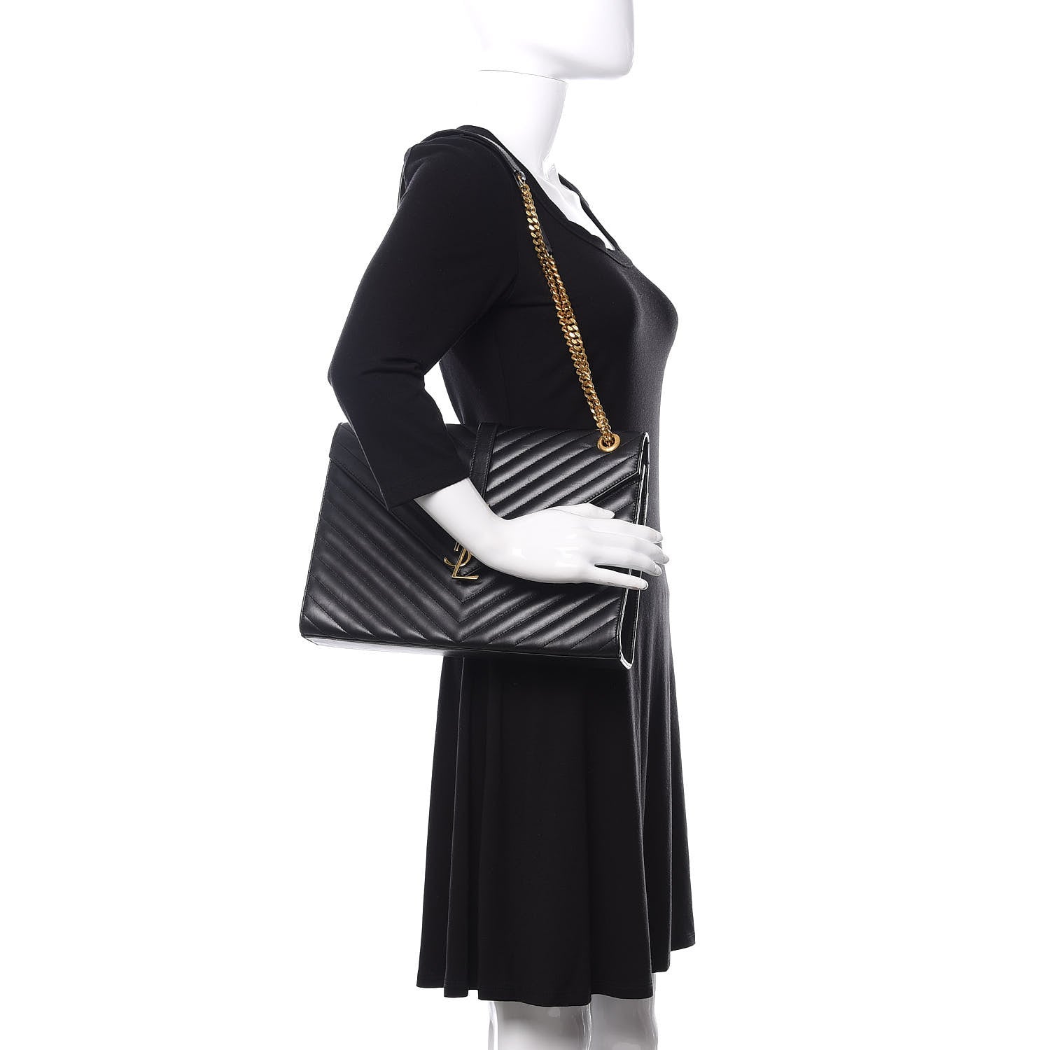 Saint Laurent Smooth Calfskin Matelasse Chevron Large Monogram Satchel Black 2 of 12