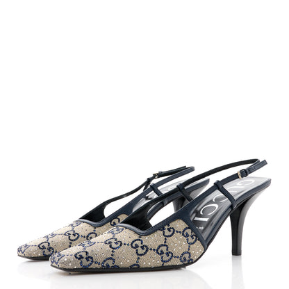Gucci GG Monogram Malaga Kid Crystal Square G 75mm Slingback Pumps 40 Beige Blue 3 of 12