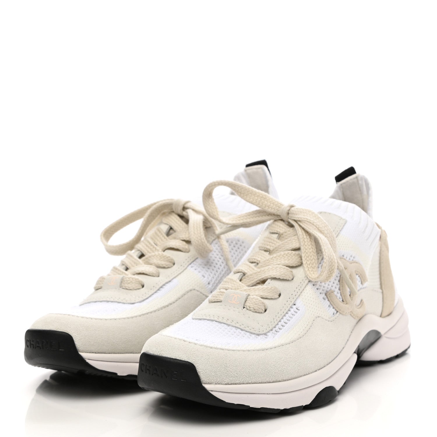 Chanel Mesh Suede Fabric Womens CC Sneakers 38 White Ivory Light Beige 3 of 7
