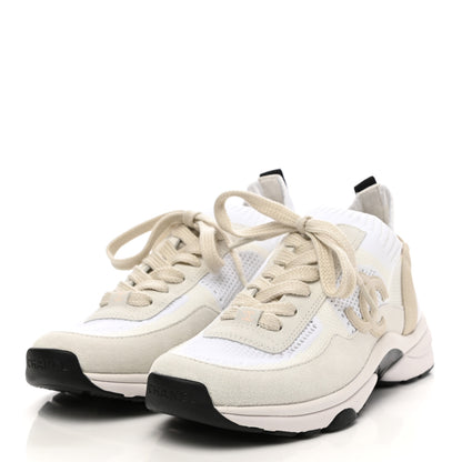 Chanel Mesh Suede Fabric Womens CC Sneakers 38 White Ivory Light Beige 3 of 7