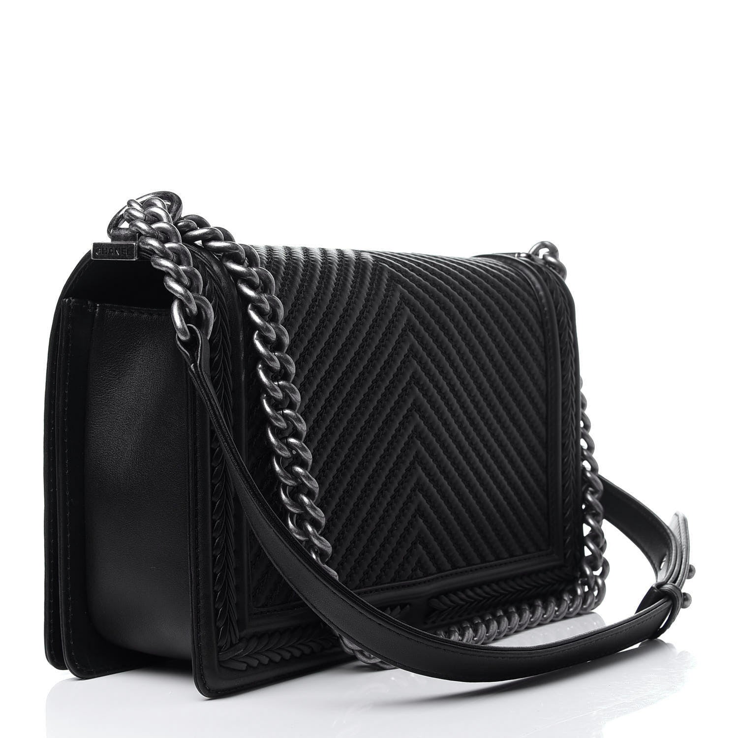 Chanel Calfskin Chevron Quilted New Medium Braided Boy Flap Black 3 of 11