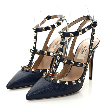Valentino Garavani Pebbled Calfskin Rockstud Ankle Strap 100mm Pumps 36 Blue 3 of 7