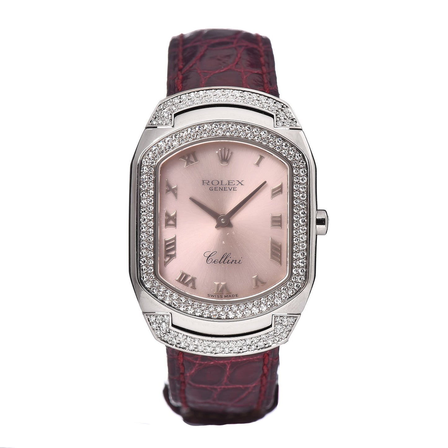 18K White Gold Alligator Diamond 25mm Cellini Cellissima Quartz Watch Pink 6693