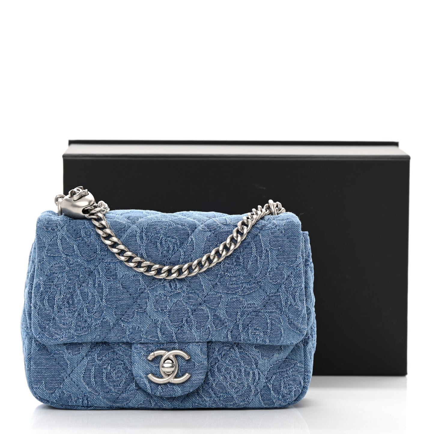 Denim Quilted Camellia Sweetheart Mini Flap Blue