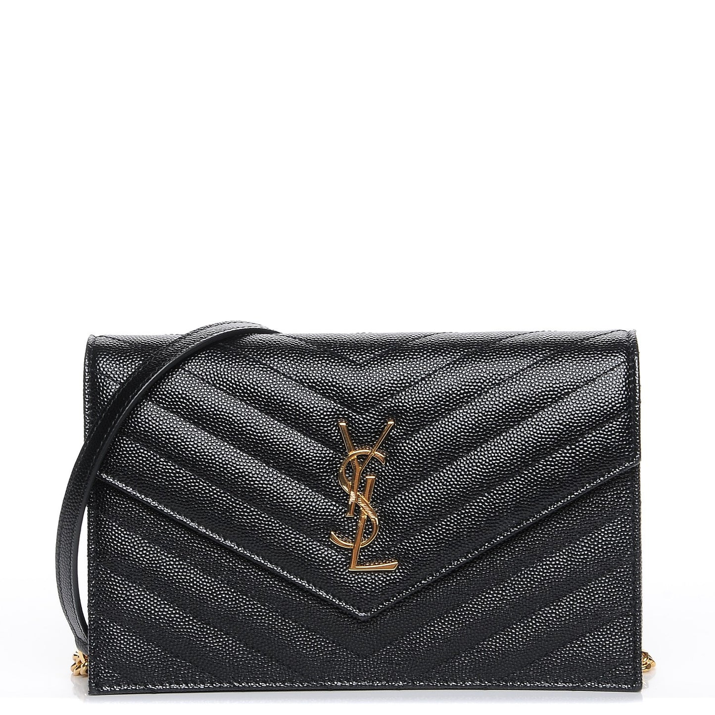 Grain De Poudre Matelasse Chevron Monogram Envelope Chain Wallet Black