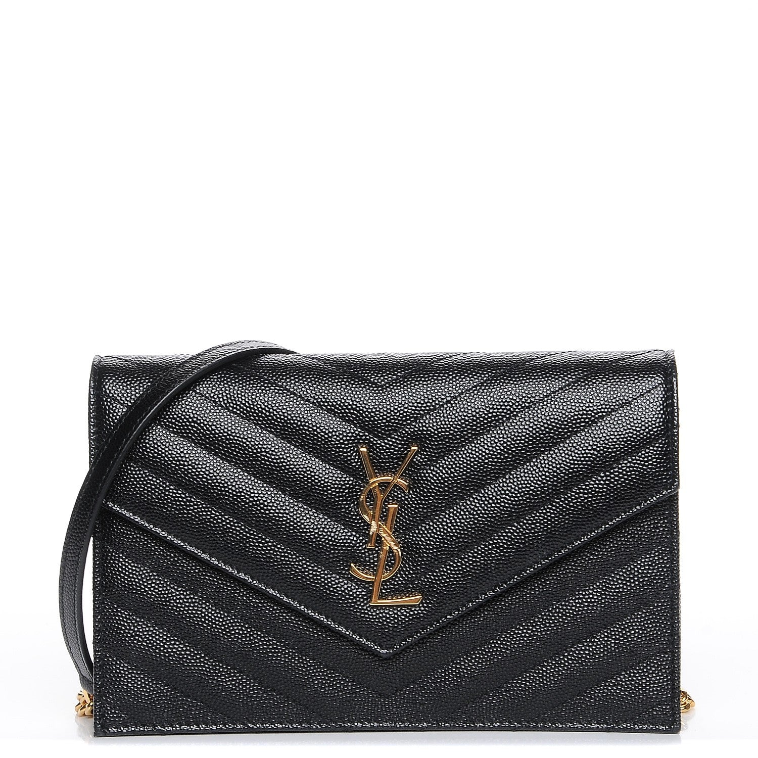 Saint Laurent Grain De Poudre Matelasse Chevron Monogram Envelope Chain Wallet Black 1 of 8