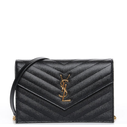 Saint Laurent Grain De Poudre Matelasse Chevron Monogram Envelope Chain Wallet Black 1 of 8