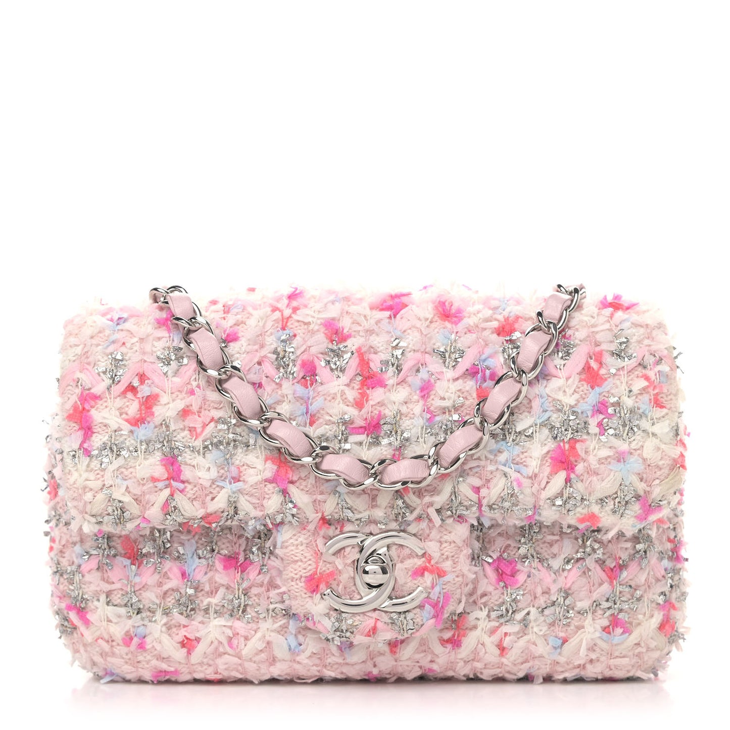 Tweed Quilted Mini Rectangular Flap Light Pink Silver Blue