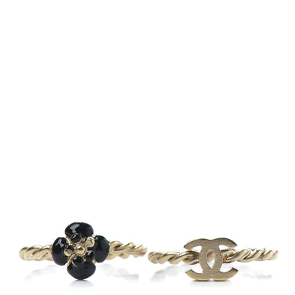 Chanel Enamel Camellia CC Ring Set of 2 5.25 5.5 Gold Black 1 of 5