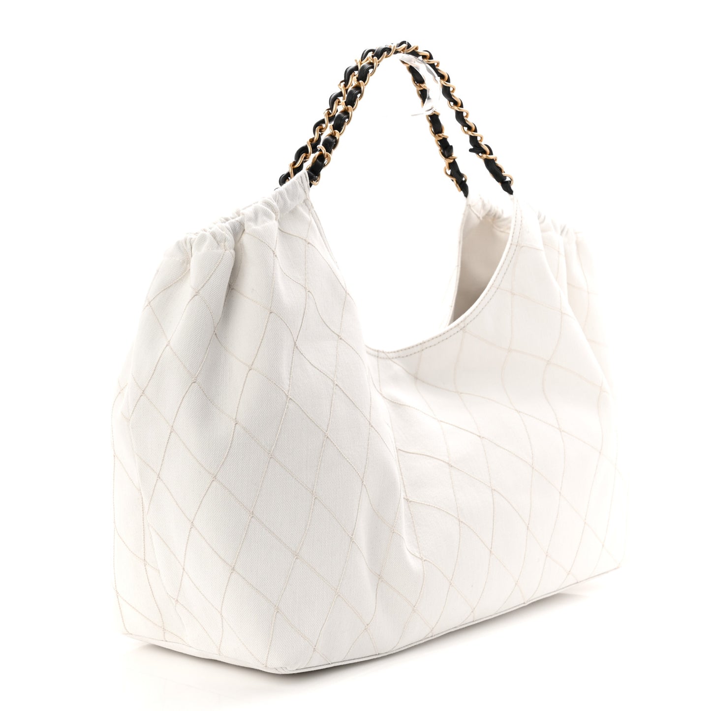 Denim Calfskin Quilted Coco Beach Small Shopping Tote White Black