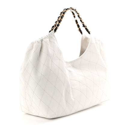 Chanel Denim Calfskin Quilted Coco Beach Small Shopping Tote White Black 4 of 11