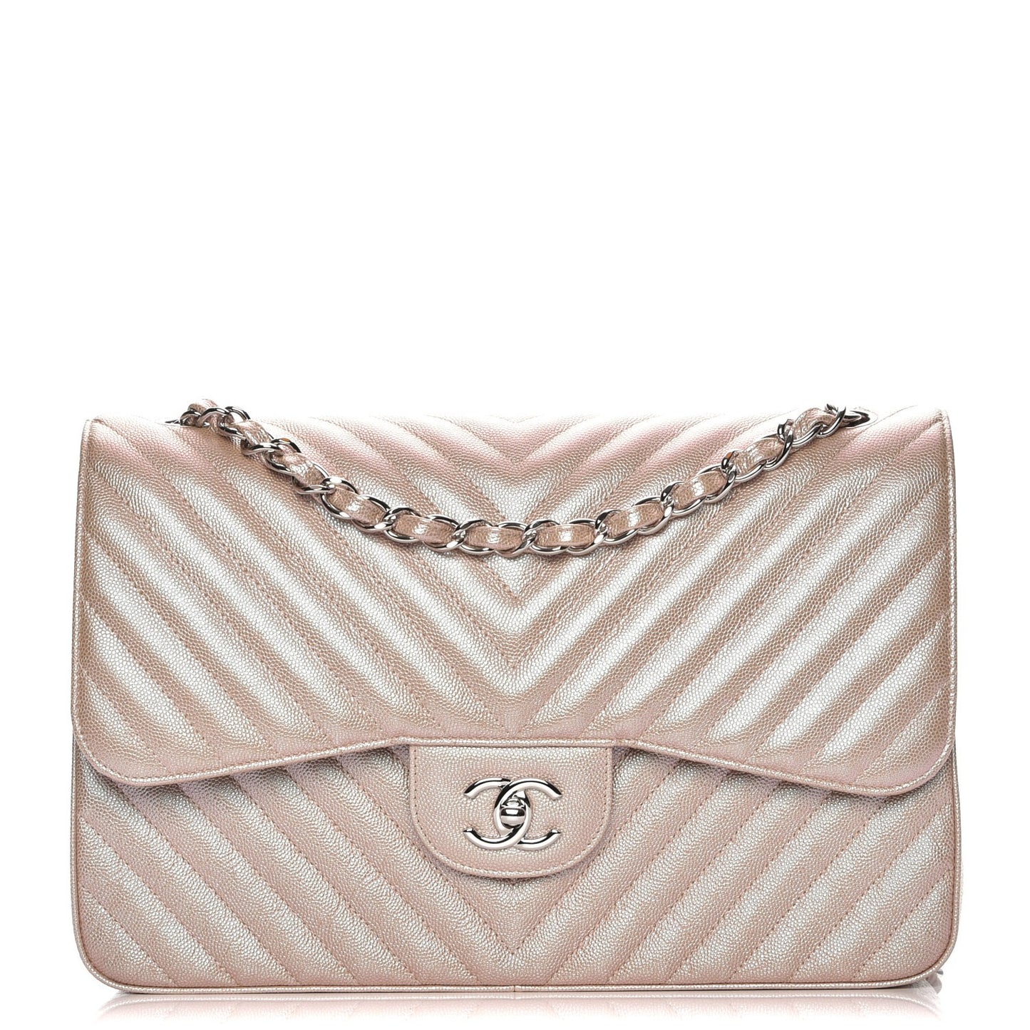 Metallic Caviar Chevron Quilted Jumbo Double Flap Light Gold