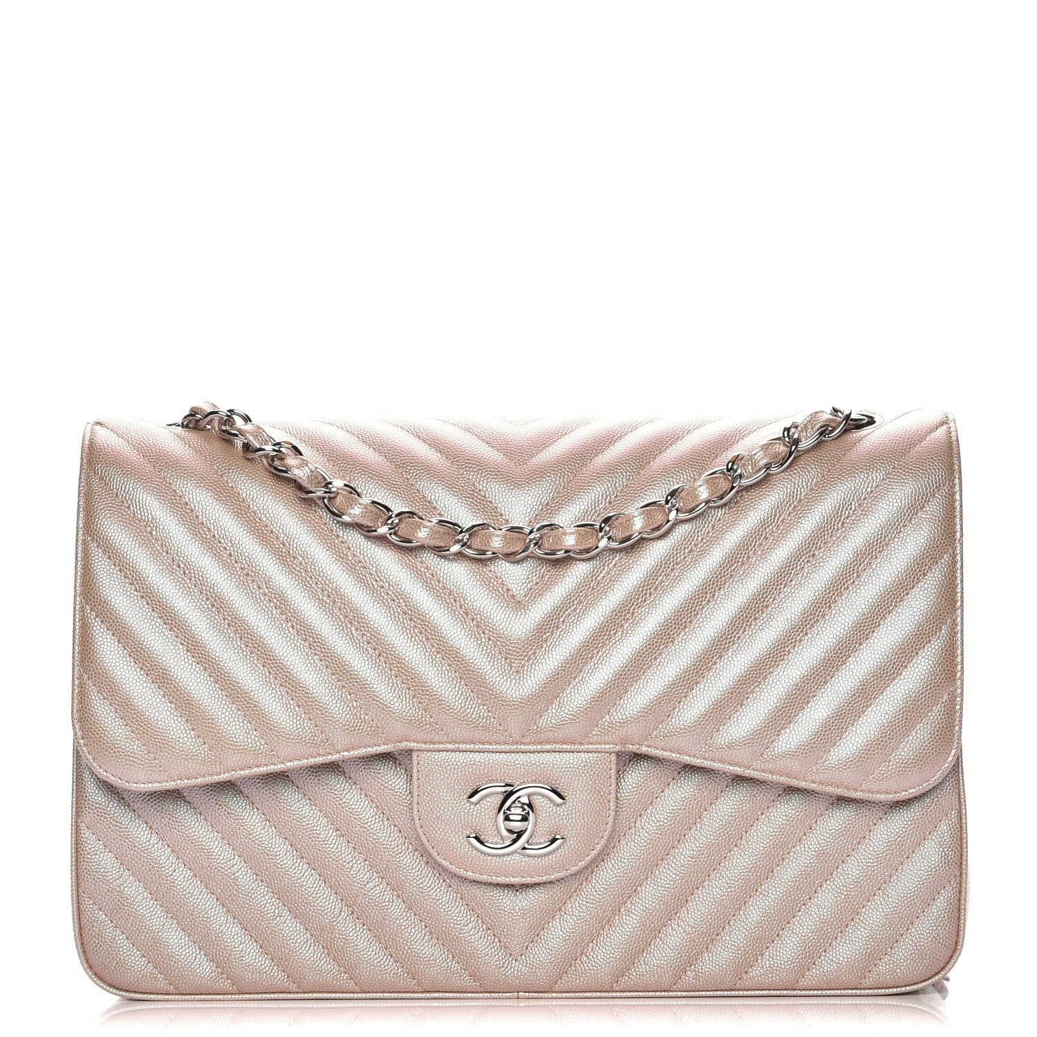 Chanel Metallic Caviar Chevron Quilted Jumbo Double Flap Light Gold 1 of 8