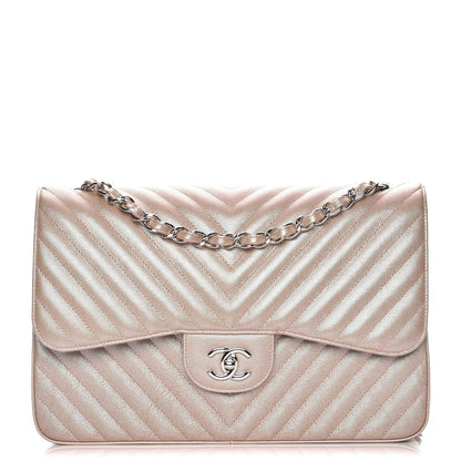 Chanel Metallic Caviar Chevron Quilted Jumbo Double Flap Light Gold 1 of 8