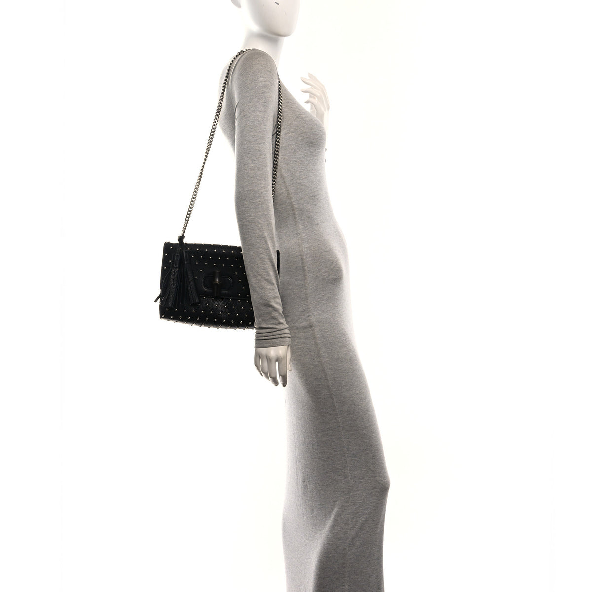 Calfskin Studded Medium Miss Bamboo Shoulder Bag Black