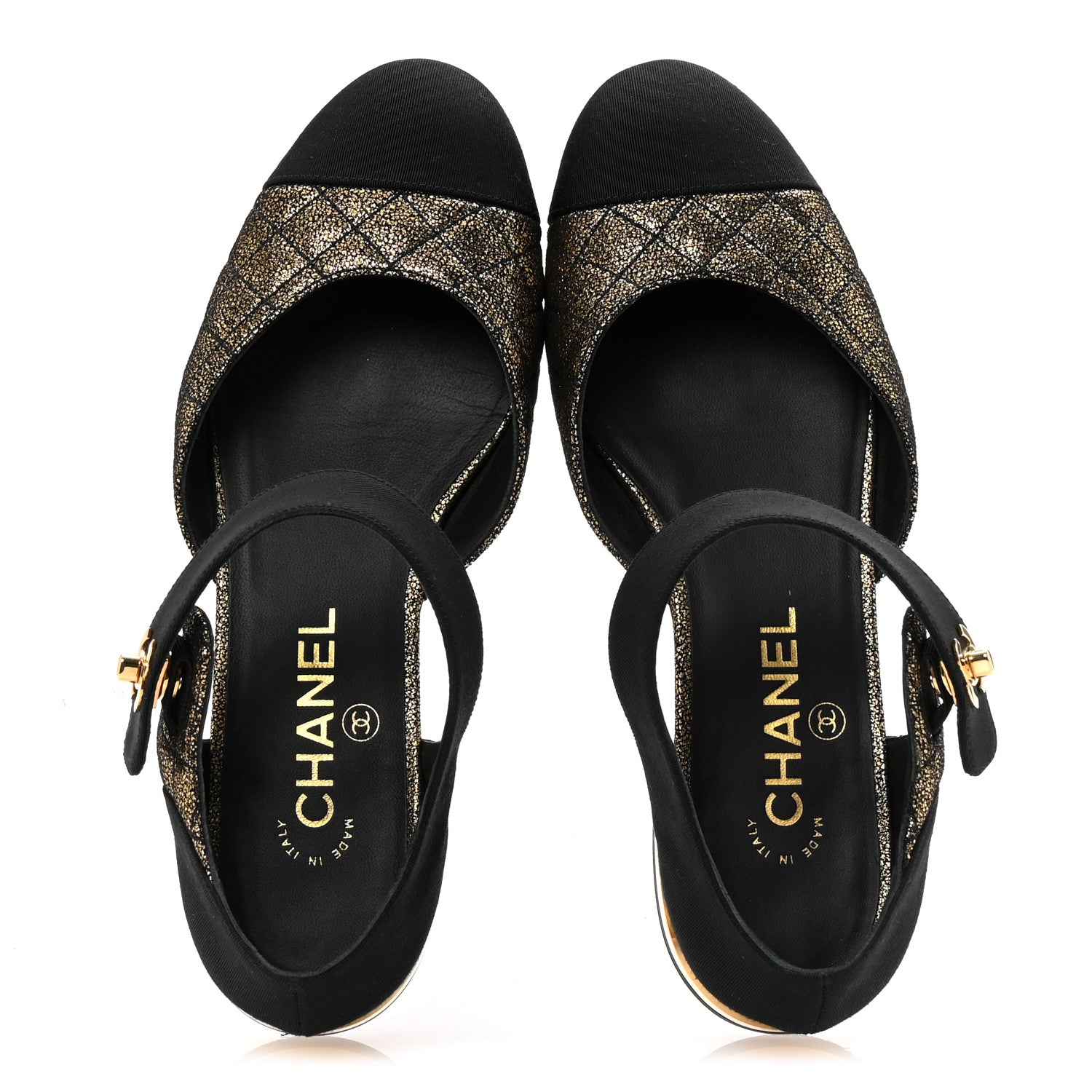 Chanel Laminated Suede Kidskin Grosgrain Quilted Cap Toe Ballerina Flats 37.5 Gold Black 2 of 10