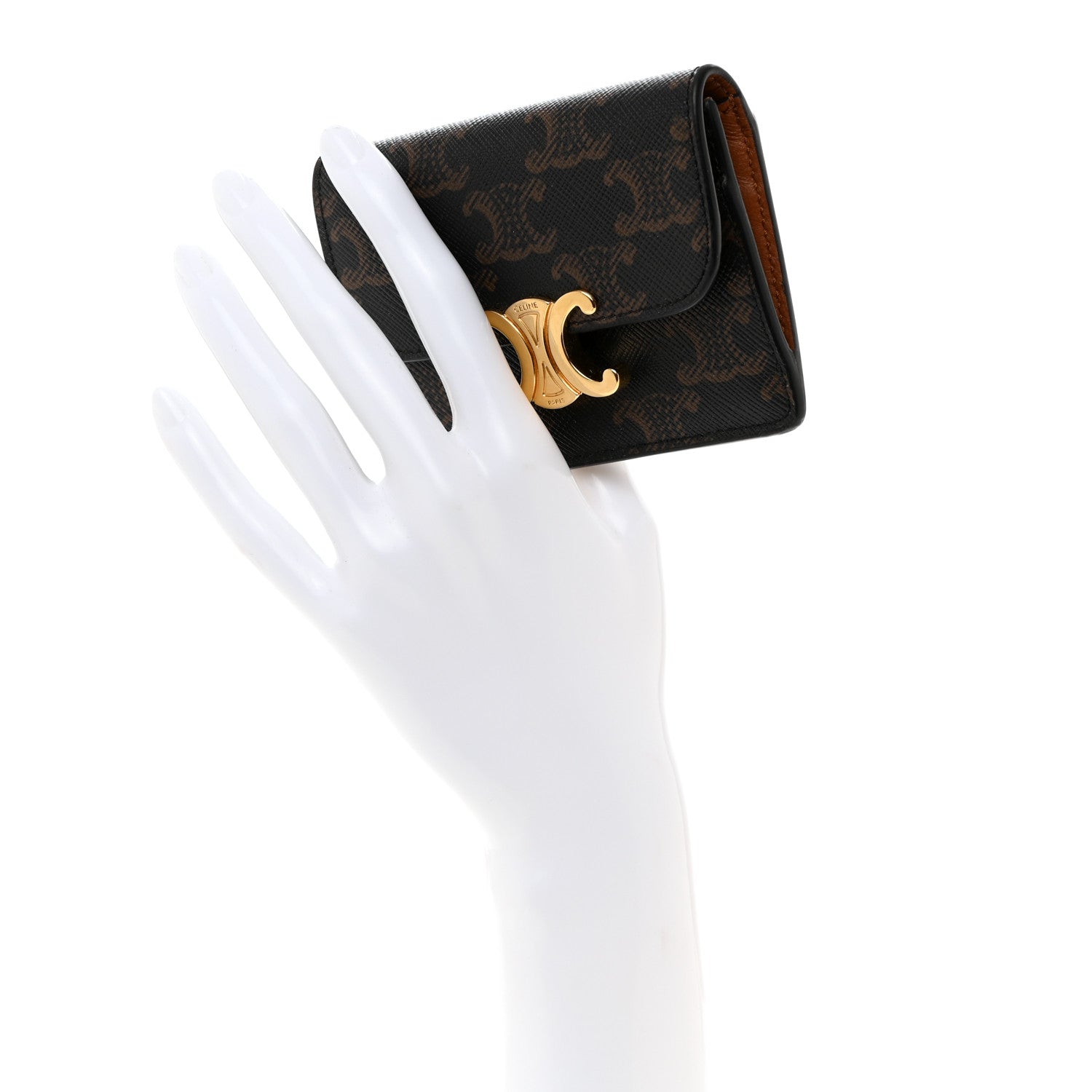 Celine Triomphe Canvas Calfskin Flap Card Holder Tan 2 of 8