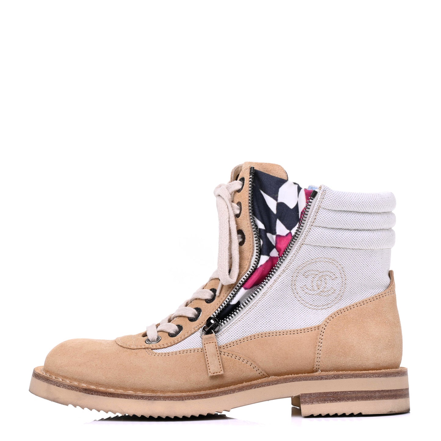 Toile Suede Calfskin CC Lace Up Short Boots 38.5 Light Beige