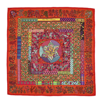 Hermes Cashmere Silk Pique Fleuri de Provence Shawl 140 Rouge Orange Turquoise 1 of 6