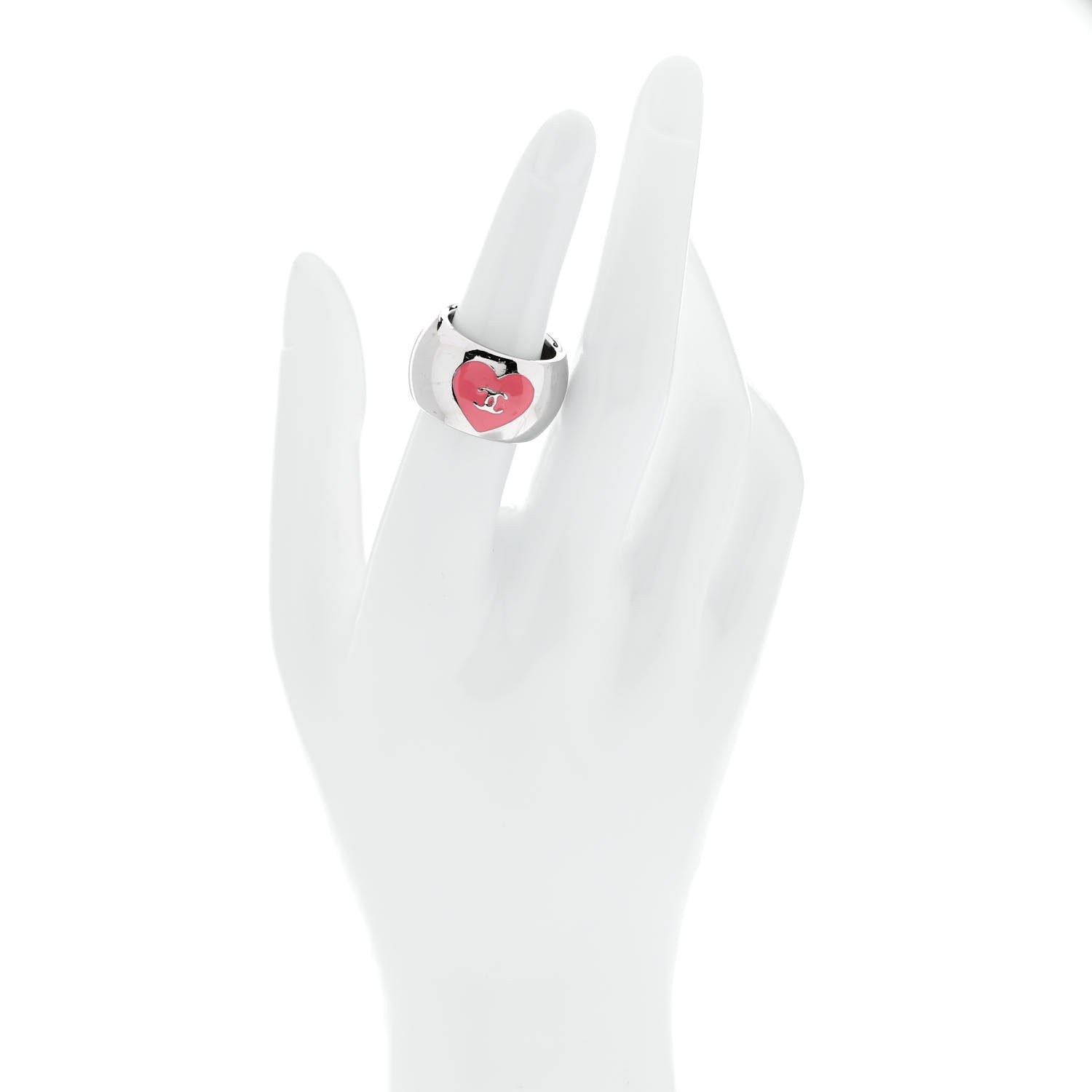 Chanel Metal Enamel Valentine CC Ring 54 7 Silver Pink 2 of 6