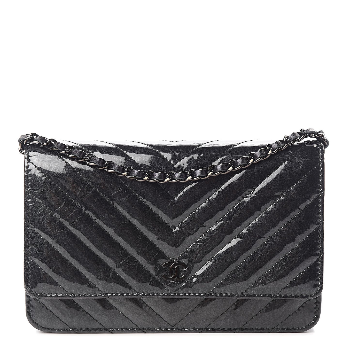 Patent Metallic Crumpled Calfskin Chevron Quilted Wallet On Chain WOC Black