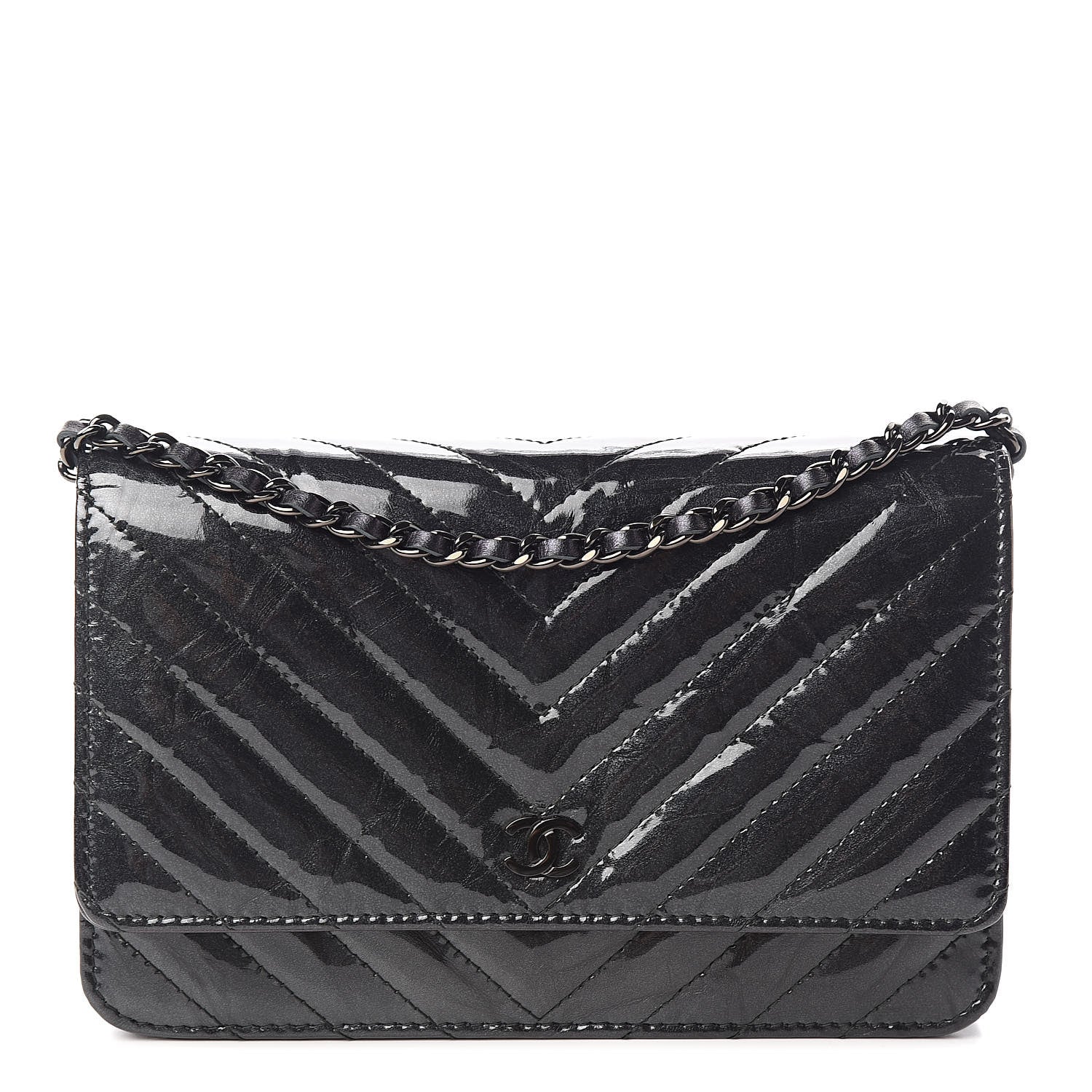 Chanel Patent Metallic Crumpled Calfskin Chevron Quilted Wallet On Chain WOC Black 1 of 13