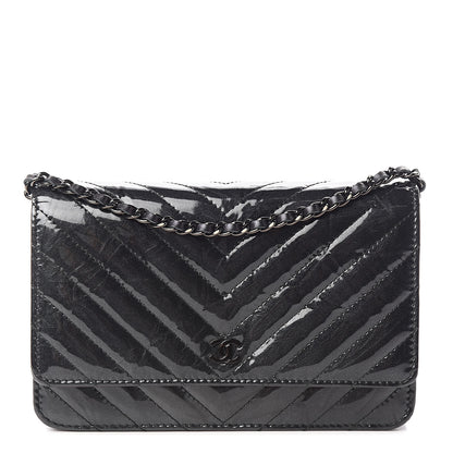 Chanel Patent Metallic Crumpled Calfskin Chevron Quilted Wallet On Chain WOC Black 1 of 13