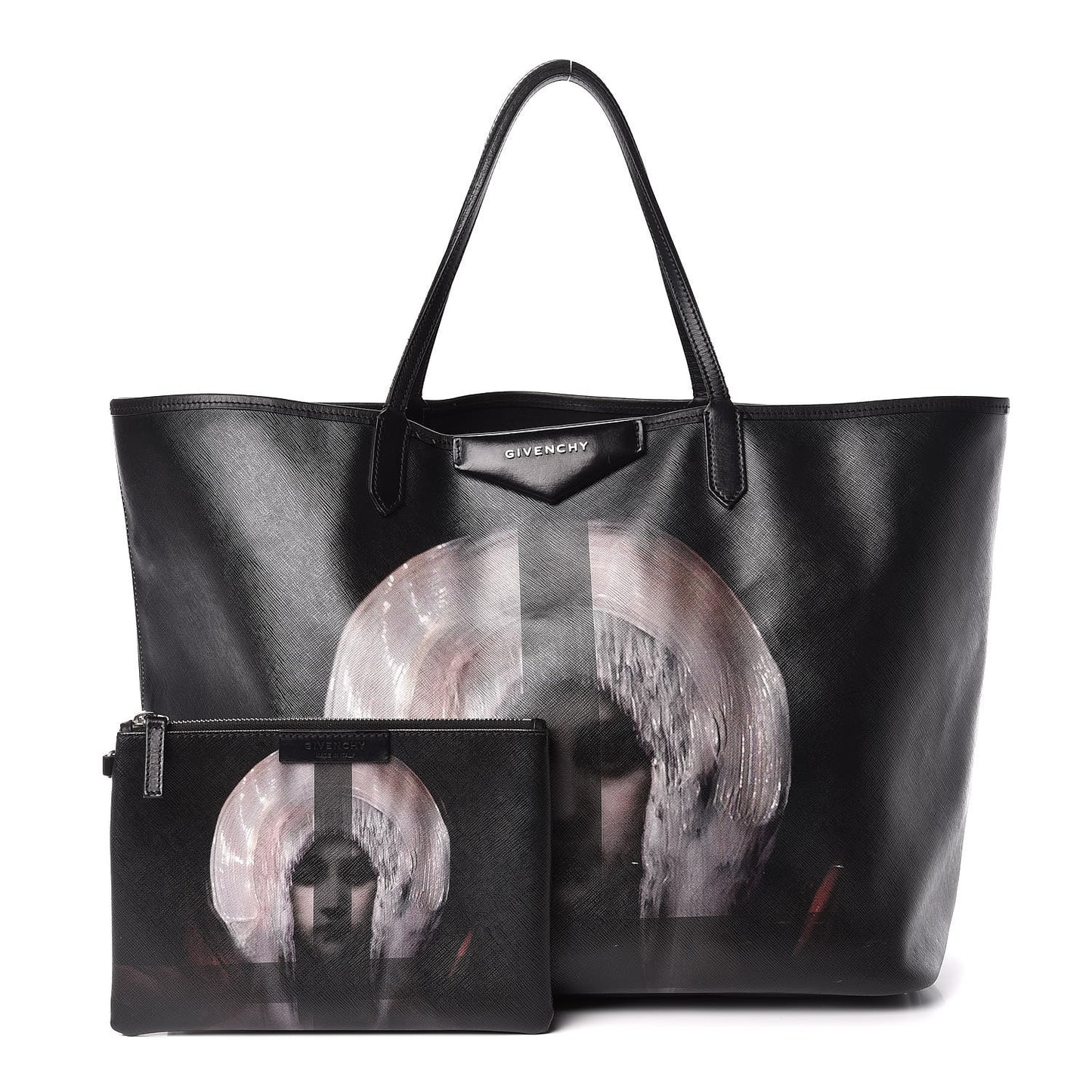 Textured Coated Canvas Madonna Print Large Antigona Tote Black