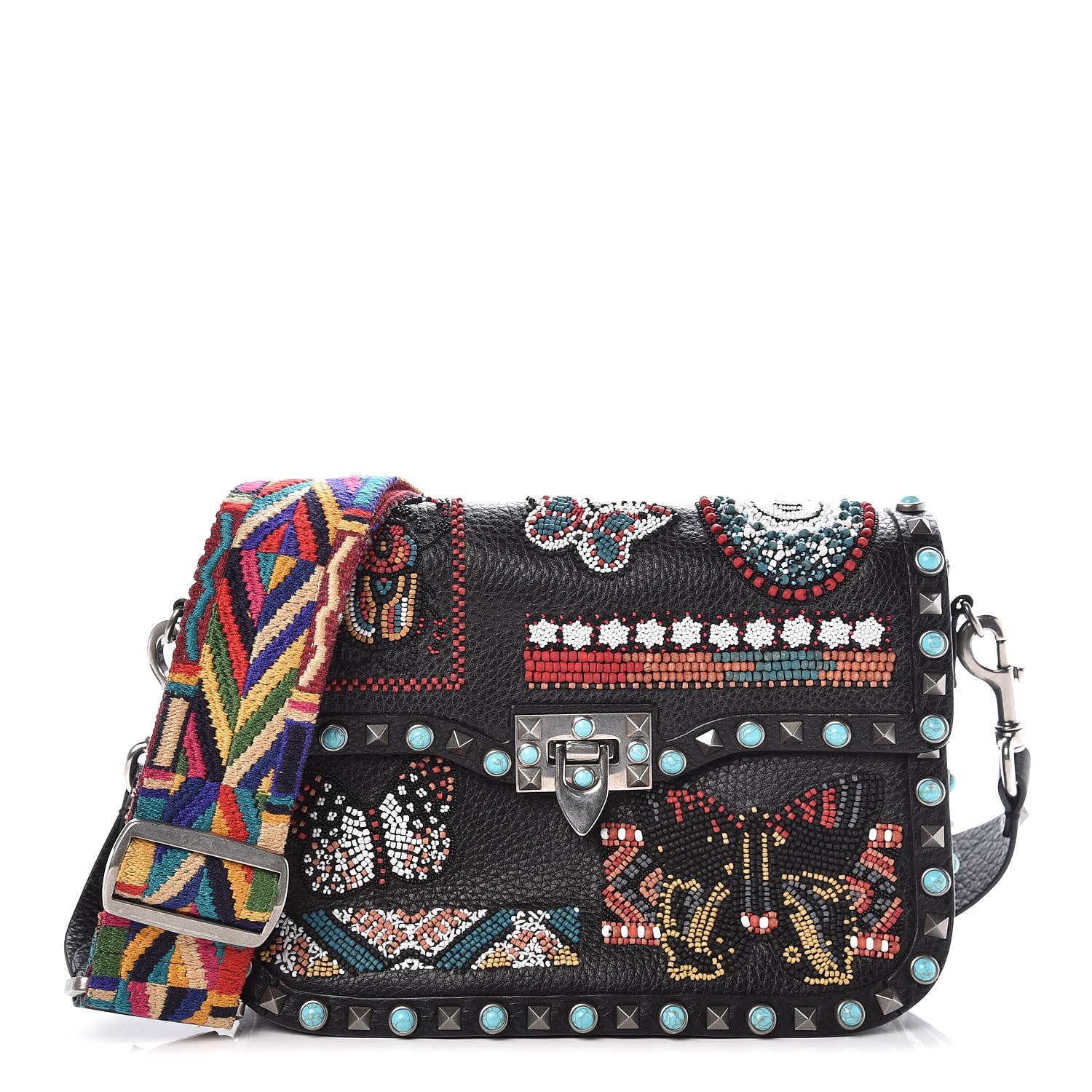 Valentino Garavani Calfskin Patch Beaded Medium Guitar Strap Rockstud Rolling Flap Saddle Bag Black 1 of 8