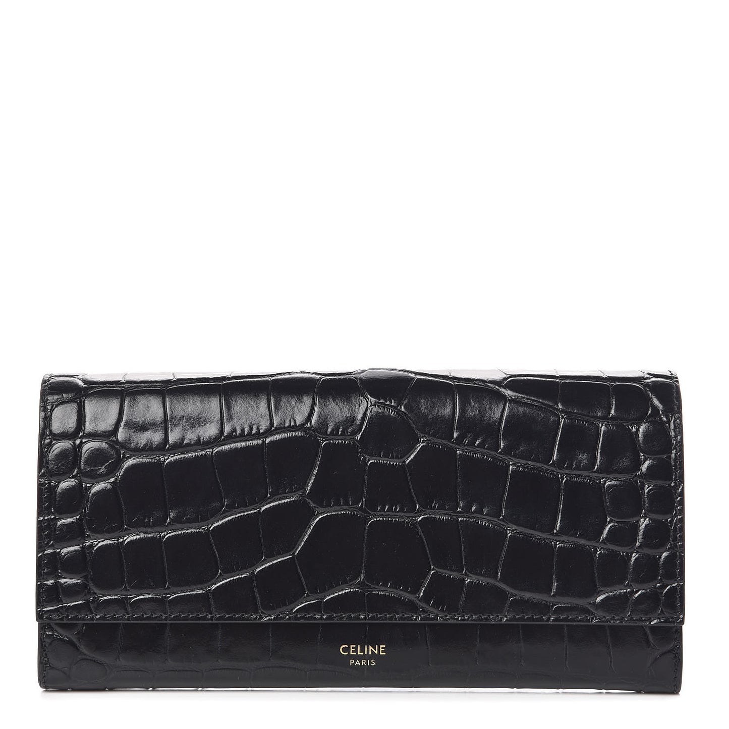 Crocodile Embossed Calfskin Large Flap Wallet Black