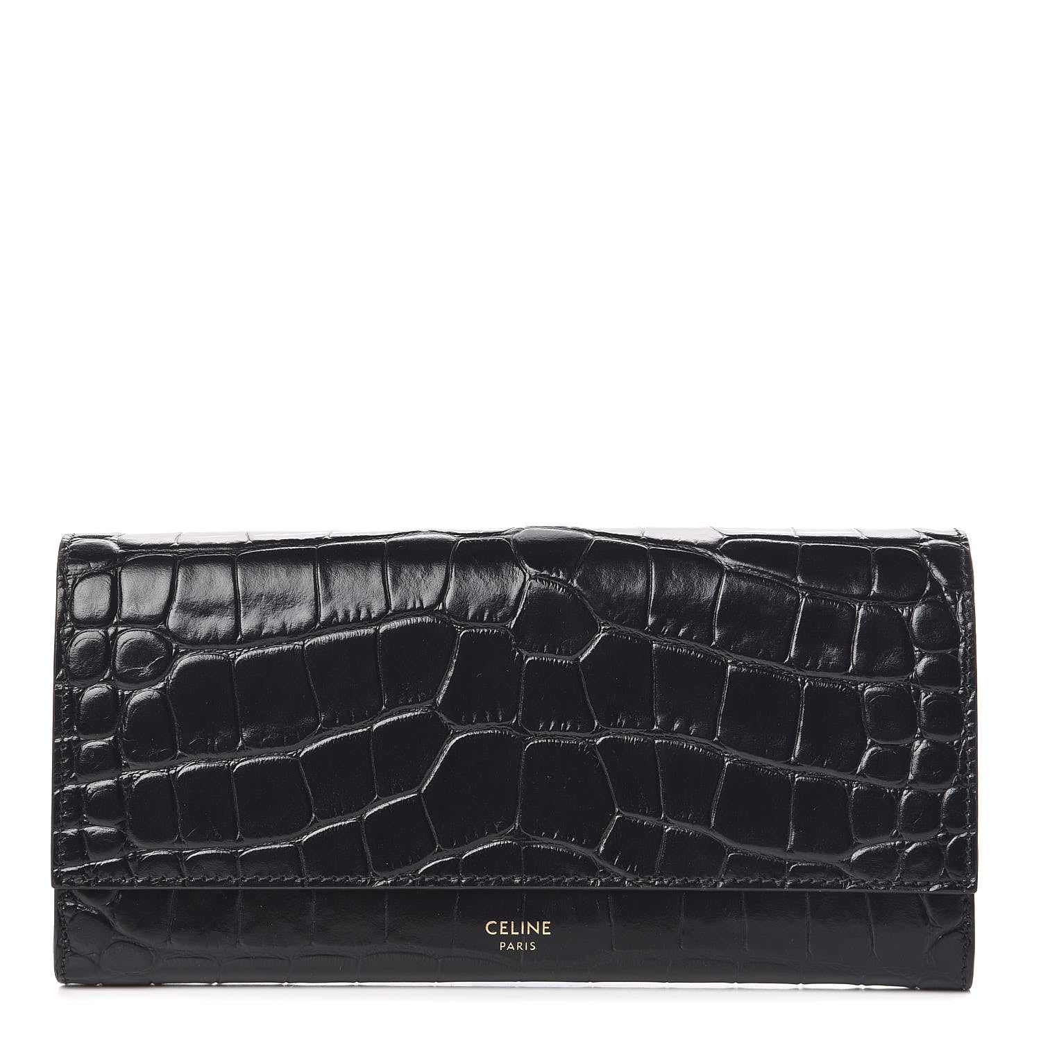 Celine Crocodile Embossed Calfskin Large Flap Wallet Black 1 of 8
