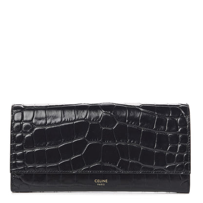 Celine Crocodile Embossed Calfskin Large Flap Wallet Black 1 of 8