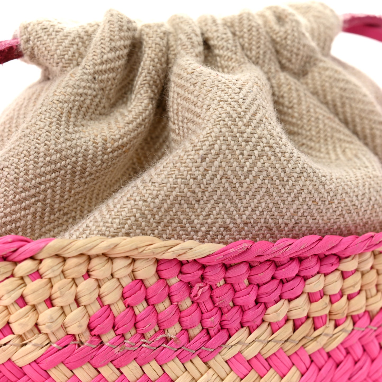 Iraca Palm Calfskin Anagram Square Pocket Bucket Bag Natural Fuchsia